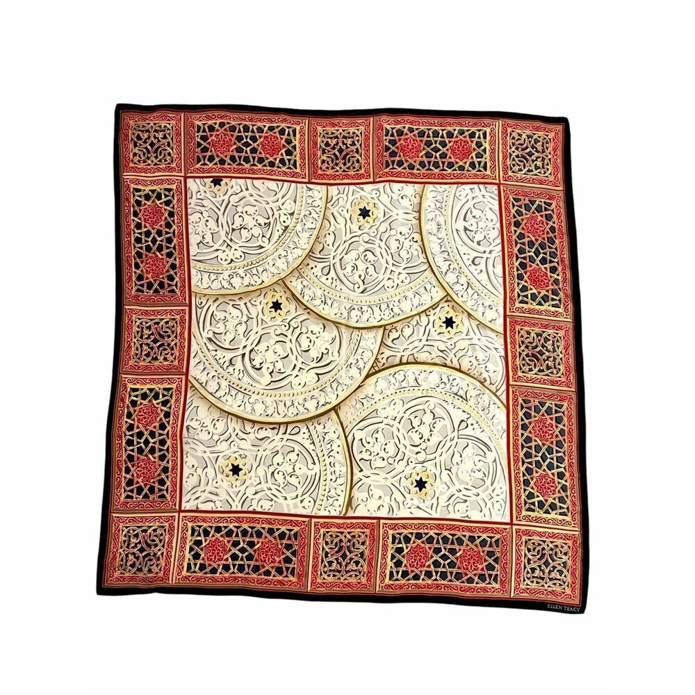 Ellen Tracy Silk Scarf Ornate Baroque Scroll Moorish Geometric Print Korea